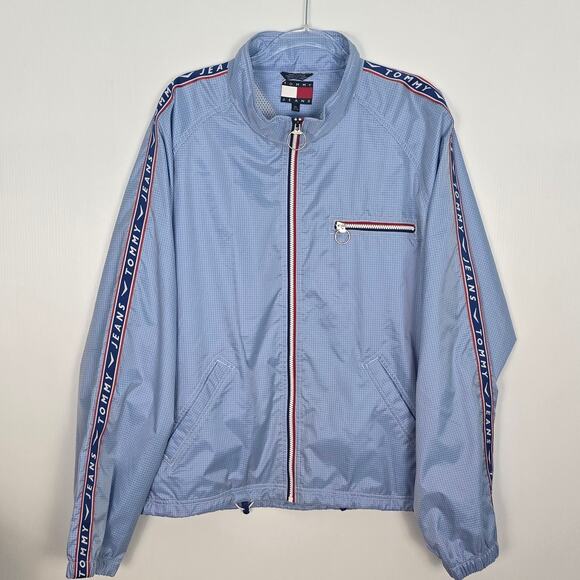 VTG Late 90s Y2K Tommy Jeans Logo Tape Windbreaker Track Jacket Blue Men’s XL - Picture 1 of 10
